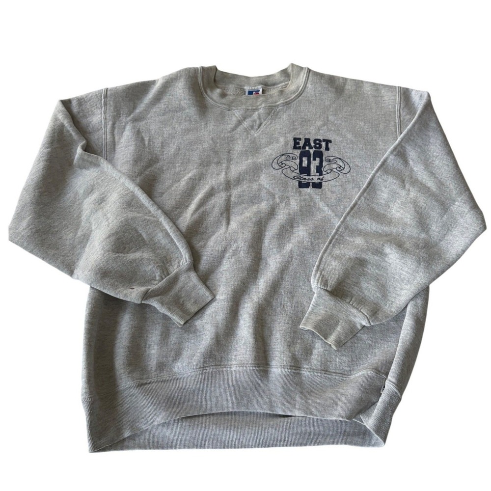 Vtg 90s Russell Athletic Sweatshirt L Heather Gray Crewneck V-Stitch USA Made